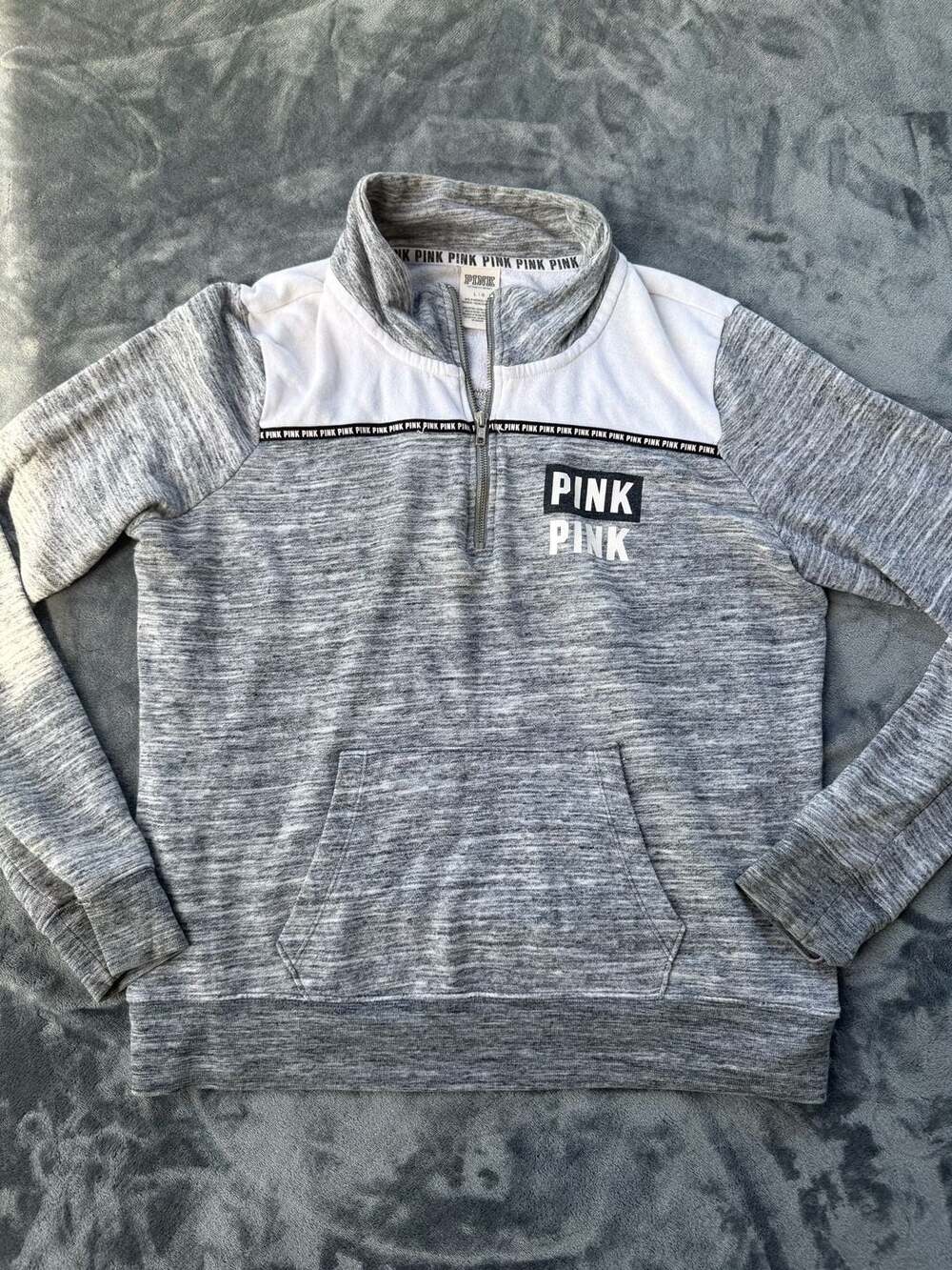 Victoria's Secret PINK Quarter Zip Pullover Sweatshirt Gray White Size Large